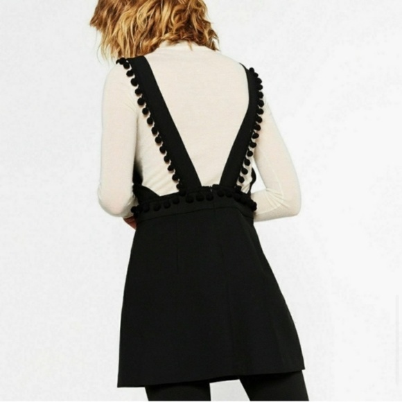 NWT Zara Black Pinafore Mini Dress w/Pompom Trim - Picture 6 of 14